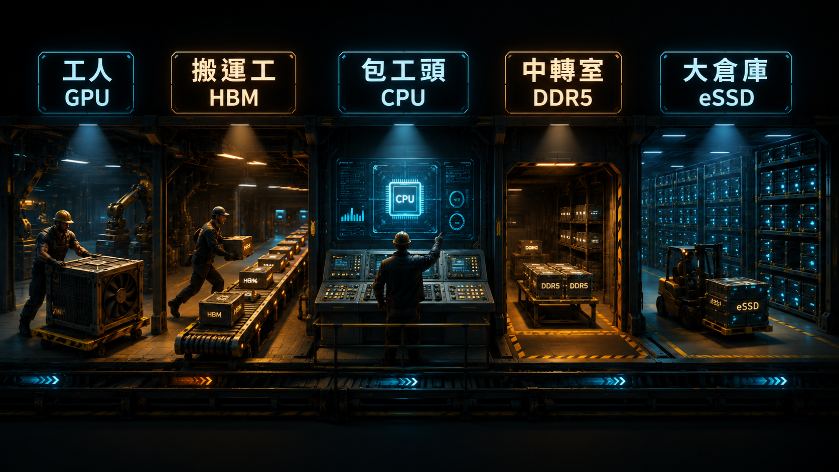 算力工廠比喻：工人 GPU、搬運工 HBM、包工頭 CPU、中轉室 DDR5、大倉庫 eSSD