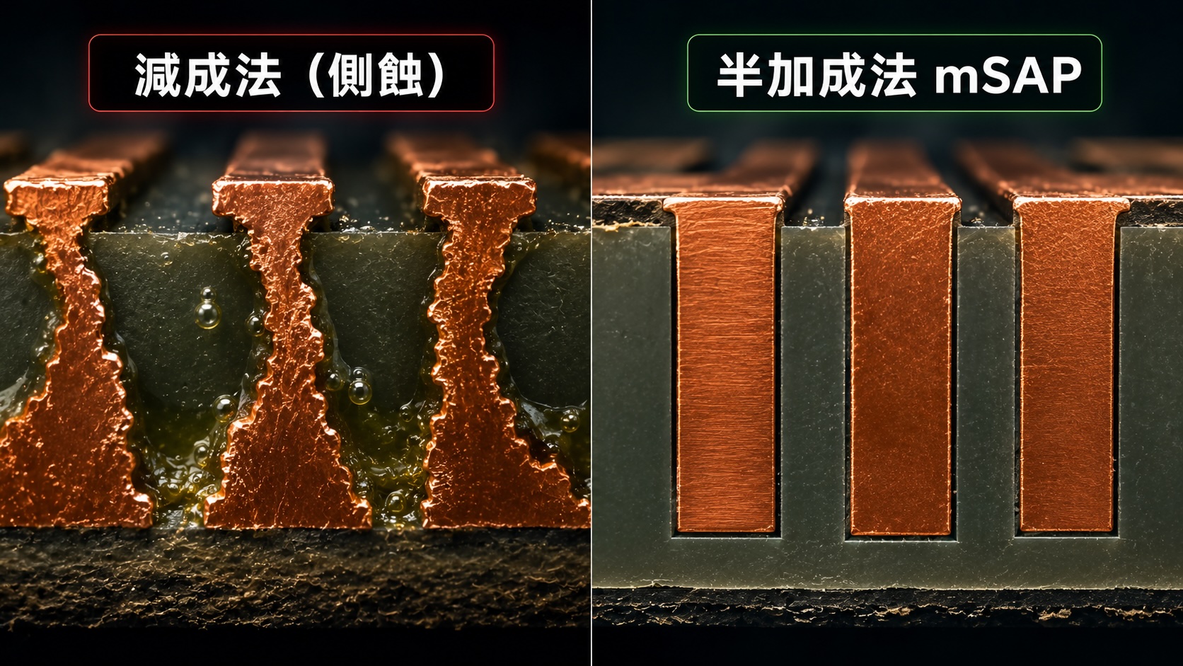 減成法側蝕 vs 半加成法 mSAP 的線路剖面對比