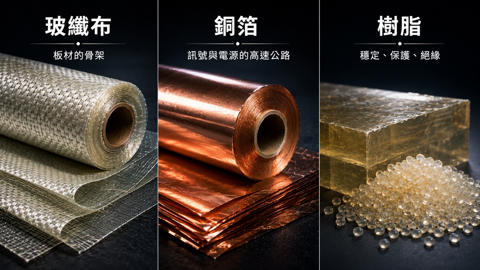 覆銅板三大材料：玻纖布、銅箔、樹脂