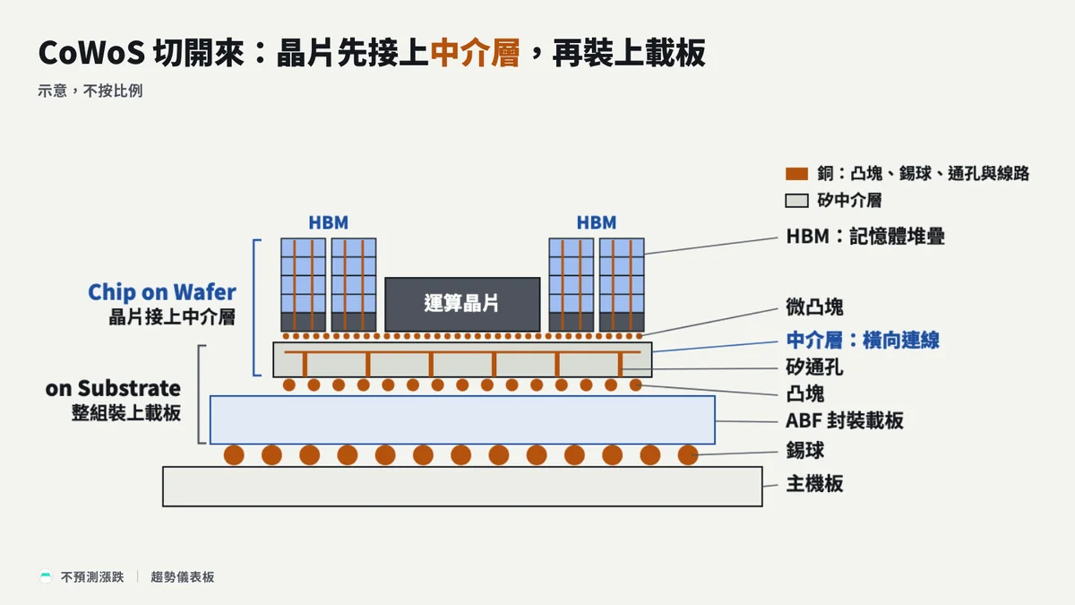 CoWoS 剖面示意圖，運算晶片與 HBM 並排，以微凸塊接上中介層，中介層經矽通孔與凸塊接到 ABF 封裝載板，載板再以錫球焊到主機板；示意，不按比例