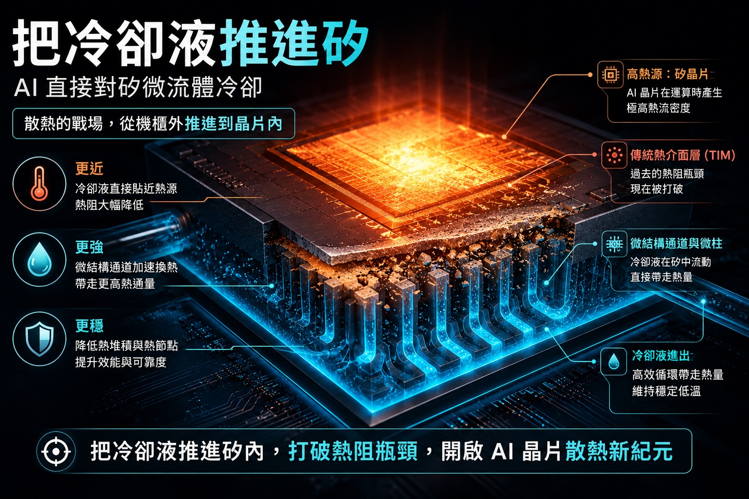把冷卻液直接推進矽晶片的剖面示意：冷卻液流過矽內微流道與微柱、繞過熱介面材料