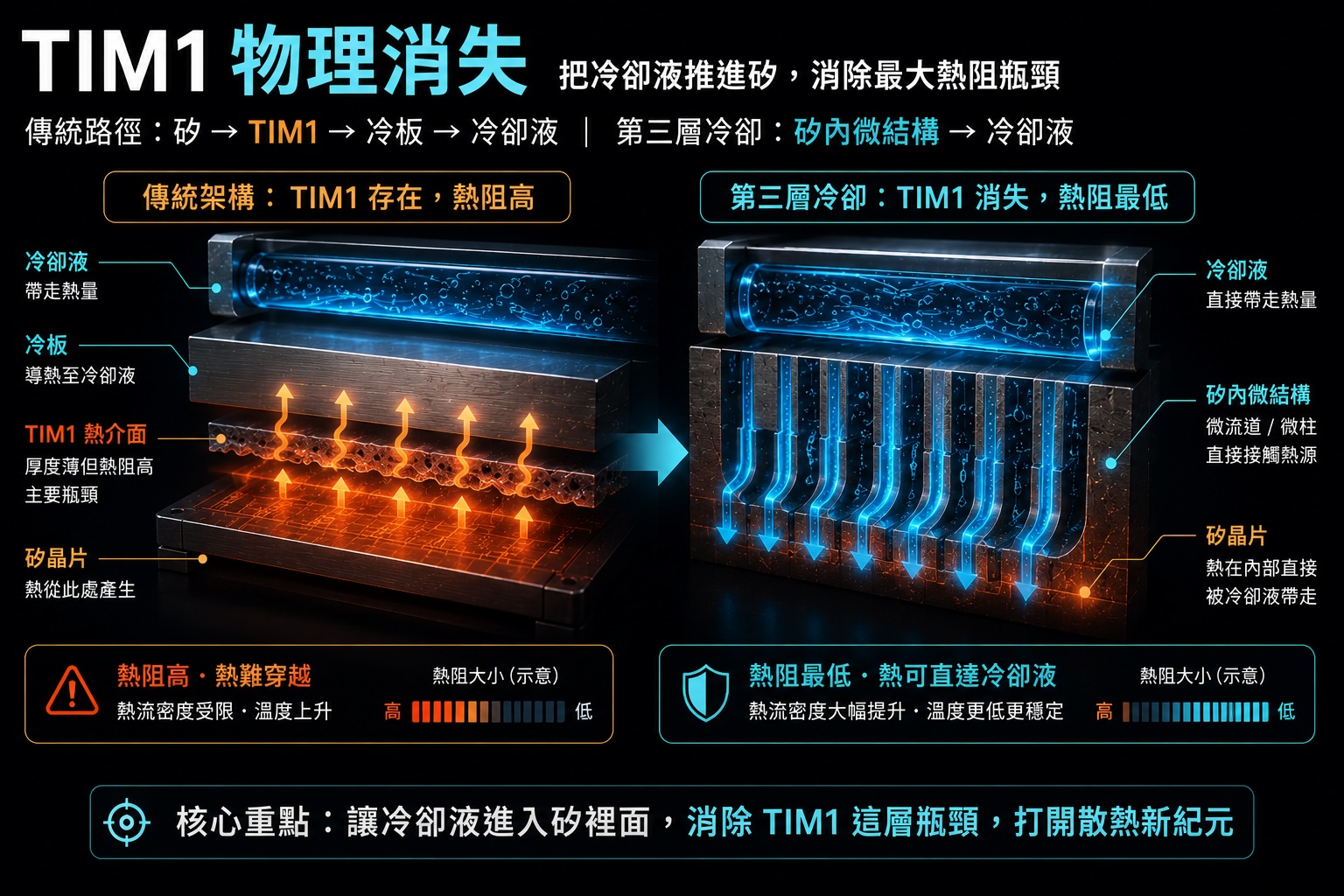 熱路徑剖面：熱從矽晶片往上經 TIM 熱介面、冷板到冷卻液，TIM 是整條路徑的熱阻瓶頸