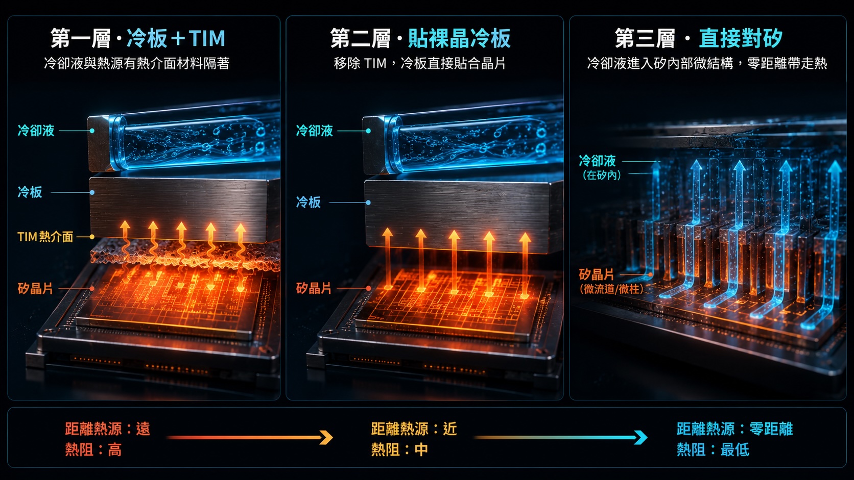 三層冷卻對照：第一層冷板與 TIM、第二層貼裸晶冷板、第三層直接對矽微流體，冷卻液與熱源一層比一層近