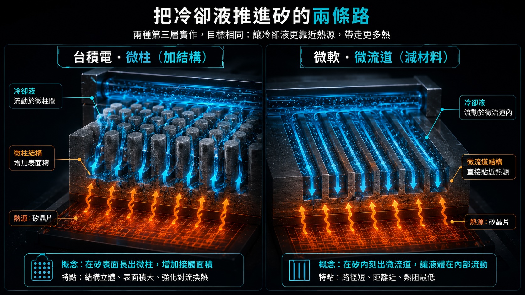 台積電微柱與微軟微流道兩條直接對矽路線對照：一個在矽背面加微柱結構、一個在矽上蝕刻微流道