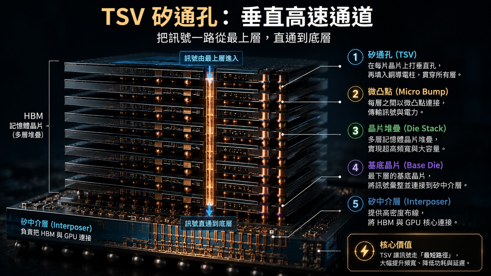TSV 矽通孔剖面：銅柱貫穿堆疊記憶體晶片，訊號從最上層直通基底晶片與矽中介層