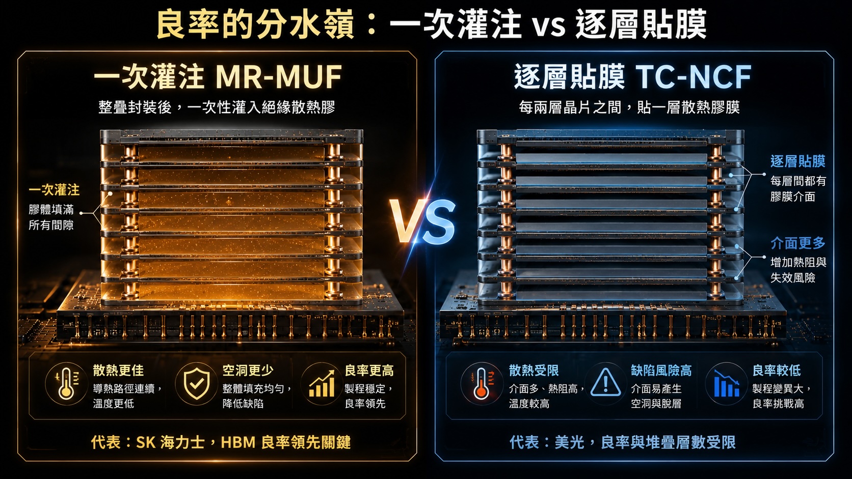 HBM 填充兩流派對比：SK 海力士 MR-MUF 一次灌注 vs 美光 TC-NCF 逐層貼膜，良率分水嶺