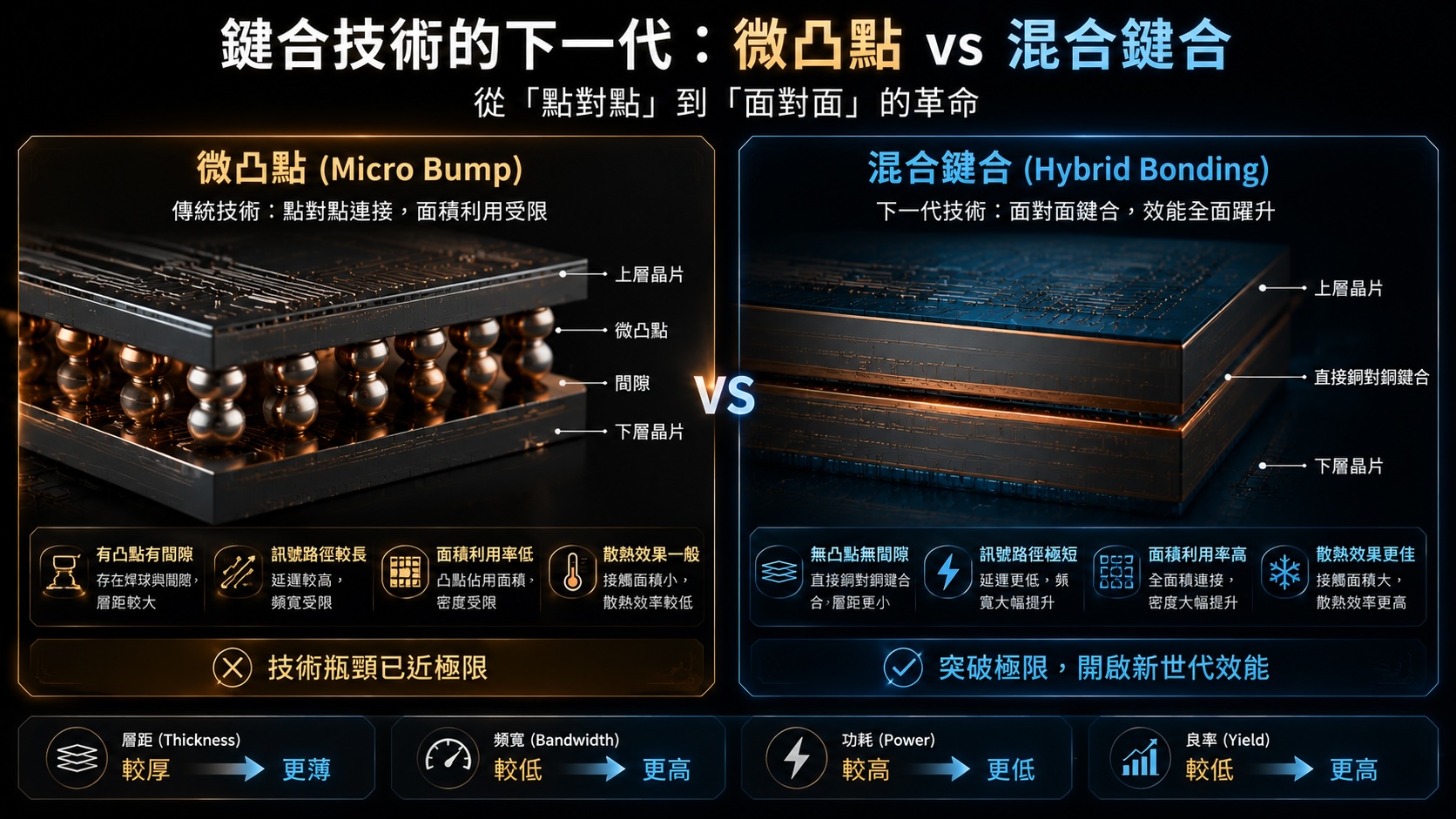 HBM 鍵合世代對比：微凸點 vs 混合鍵合銅對銅直接鍵合