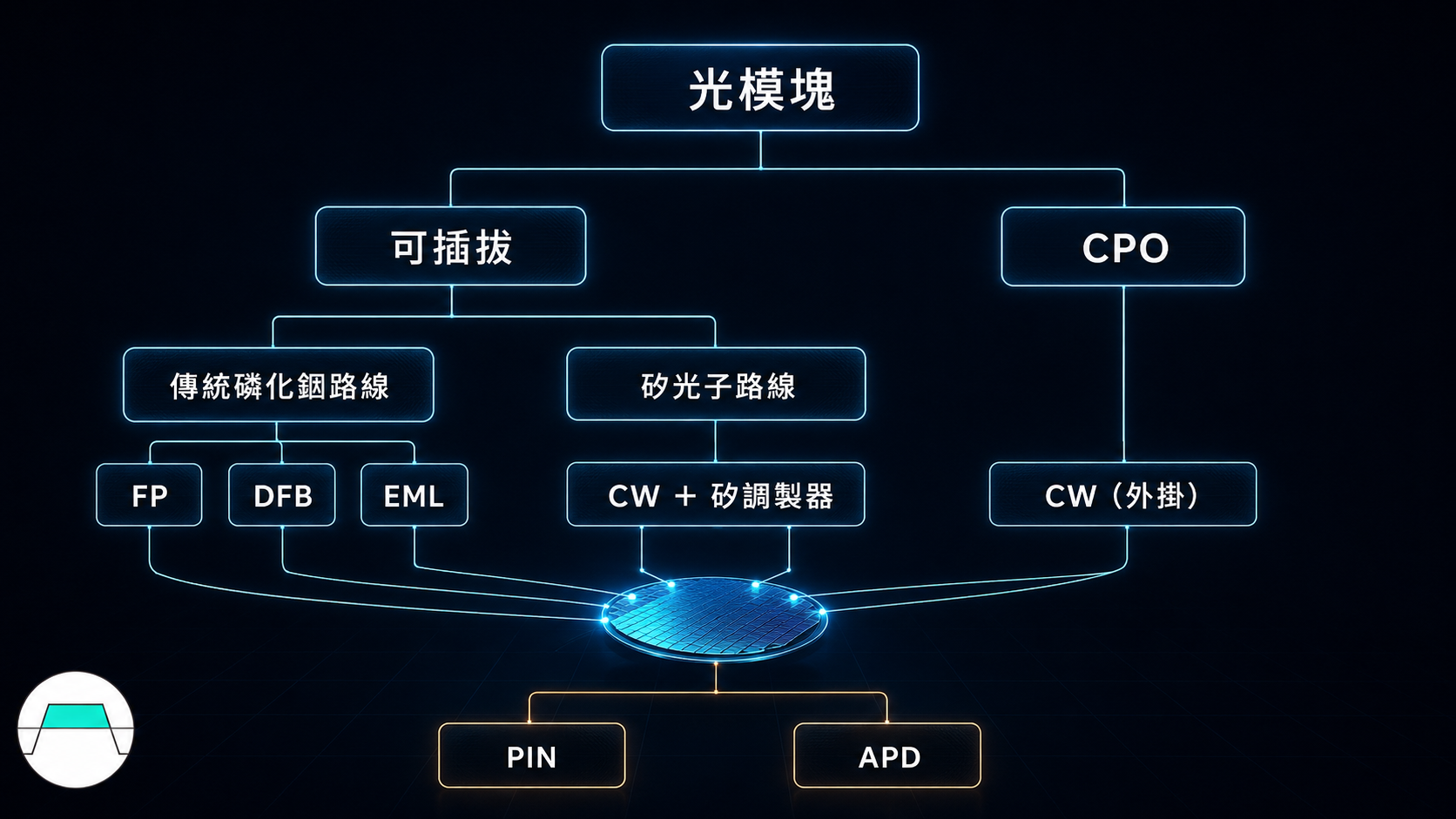 光晶片家族樹：可插拔／CPO、四種雷射、PIN／APD