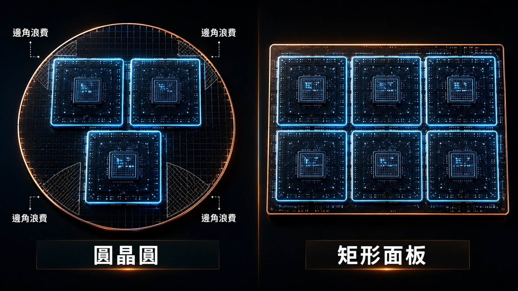圓晶圓對矩形面板的封裝利用率：同樣大小的中介層，圓晶圓只裝得下約 3 顆、邊角浪費，矩形面板裝得下 6 顆