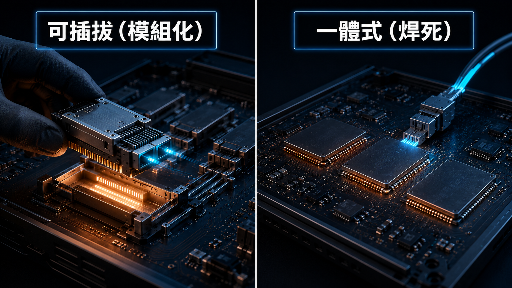 兩條產品線的可維修性對比：Quantum-X 的光學子組件可從插槽抽換，Spectrum-X 的光引擎回焊固定在基板上、無法更換