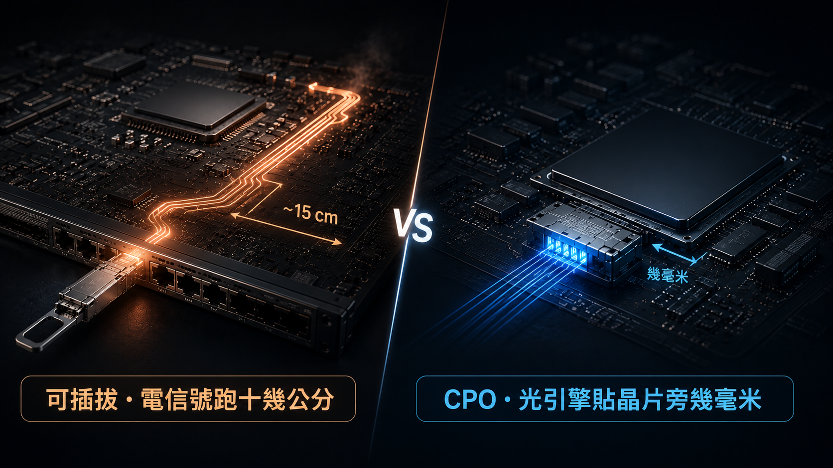 可插拔電信號跑十幾公分 vs CPO 光引擎貼晶片旁幾毫米