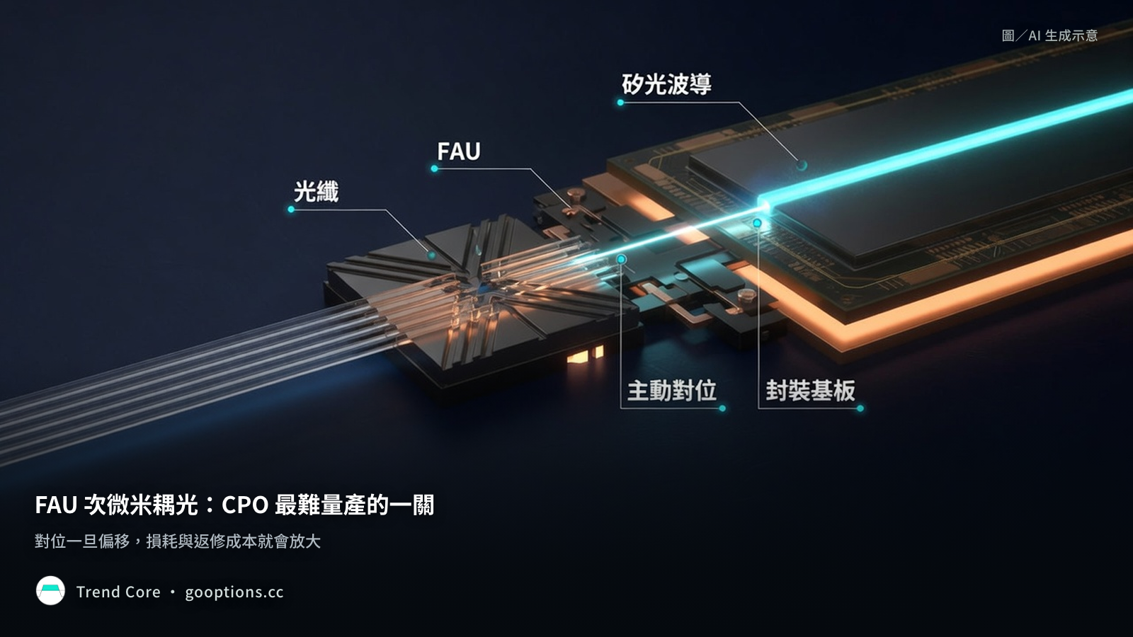 FAU 將光纖陣列對準矽光波導的次微米耦光與封裝基板示意